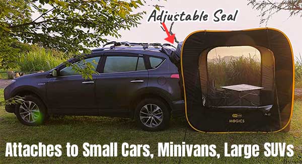 Versatile Car Tent Attaches to Hatchback of Small Cars, Large SUVs, Minivans and More