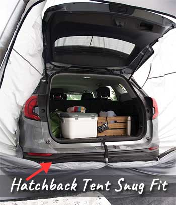 Hatchback Tent has a Snug Secure Fit Around Minivans, SUVs to Keep Out Rain, Bugs, etc..